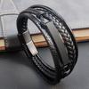 MingAo Free Custom Luxury Black Stainless Steel Family Name ID Bracelets for Men,Braided Leather Rope Chain Wristband Jewelry
