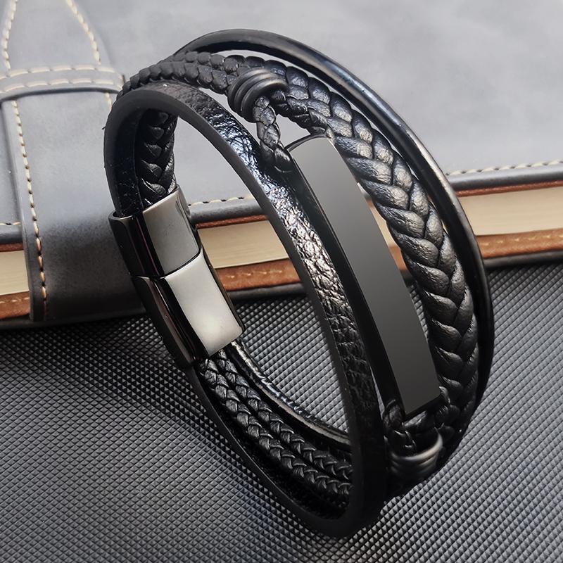 MingAo Free Custom Luxury Black Stainless Steel Family Name ID Bracelets for Men,Braided Leather Rope Chain Wristband Jewelry