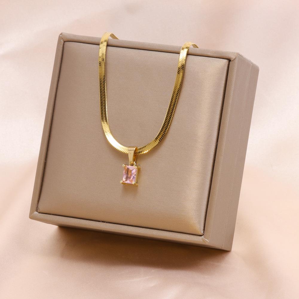 Emerald Necklace & Bracelet Set: Square Diamond, Stainless Steel with Round Snake Chain, Free Shipping