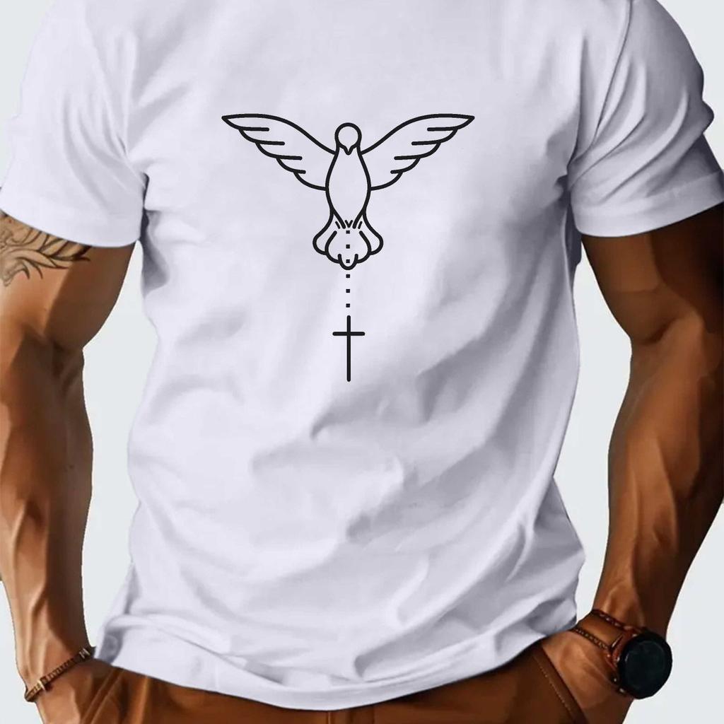 Holy Spirit Dove Cross Graphic Tee Mens Casual Cotton Breathable Short Sleeve TShirt