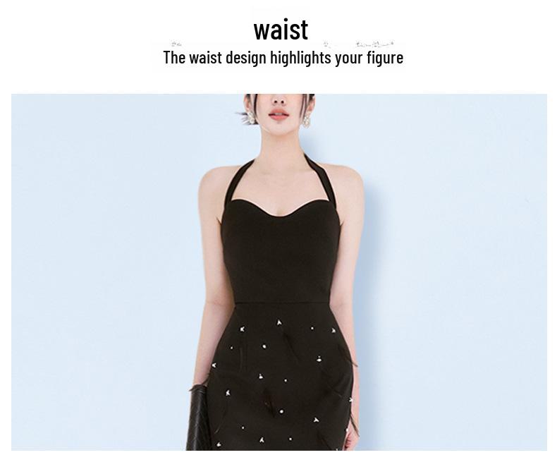 2024 Autumn Sexy Halter Backless Feather-Spliced Beaded Mid-Length Dress