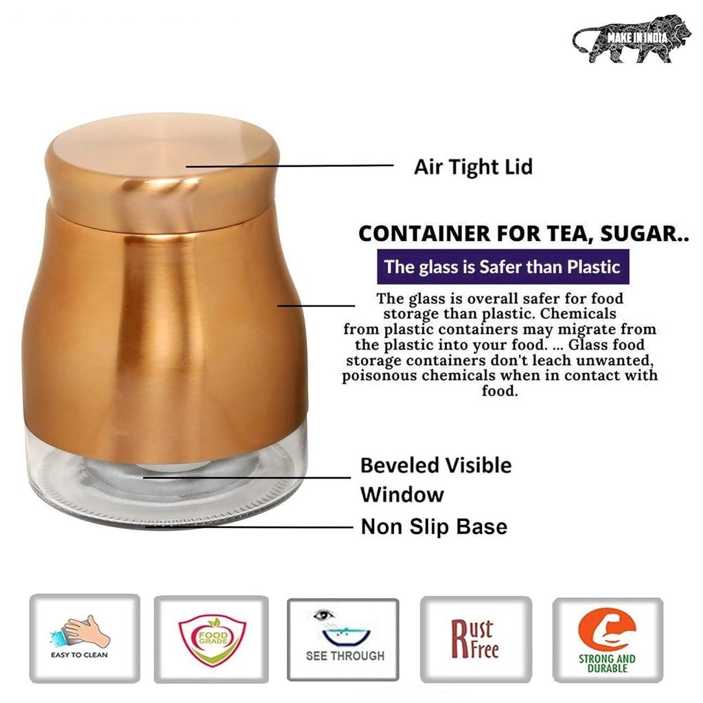 880 ML Airtight Rose Gold Finish - Bell Bottom Glass Jars Set of 6 Containers for Pulses, Dry Fruits, Snacks, Tea, Coffee, Kitchen Pantry Storage
