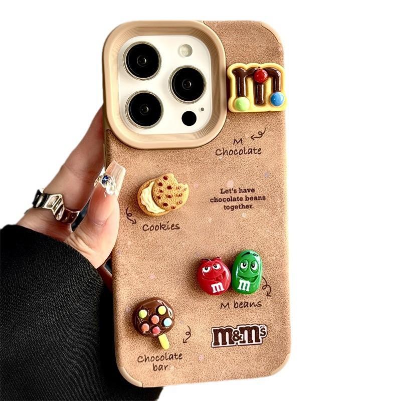 Rudos spalvos 3D M&M's saldainių dizaino telefono dėklas iPhone 15 14 13 Pro Max minkštas TPU pilnas apsauginis su animaciniu paveikslėliu