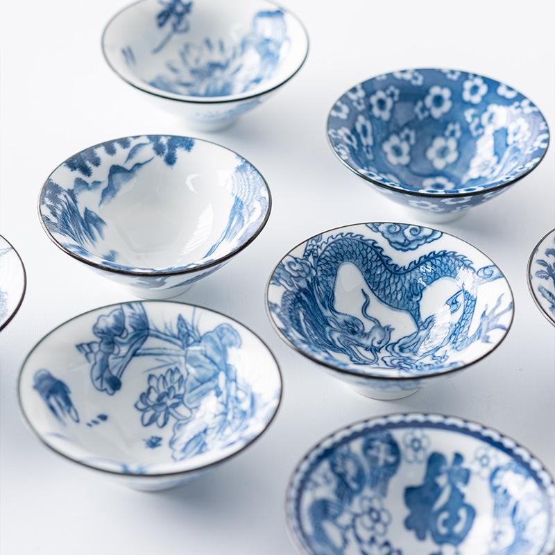 Retro Blue and White Ceramic Kung Fu Teacup Tea Set Single Cup Tea Tasting Hat Cup Home Master Cup Tea Cup Tea Bowl Set