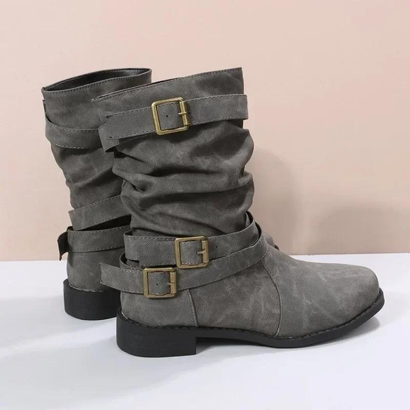 Fashion 2024 Brand Female Shoes On Sale Slip On Women's Boots Autumn Round Toe Solid Pleated Buckle Decoration Large Size Western Boots