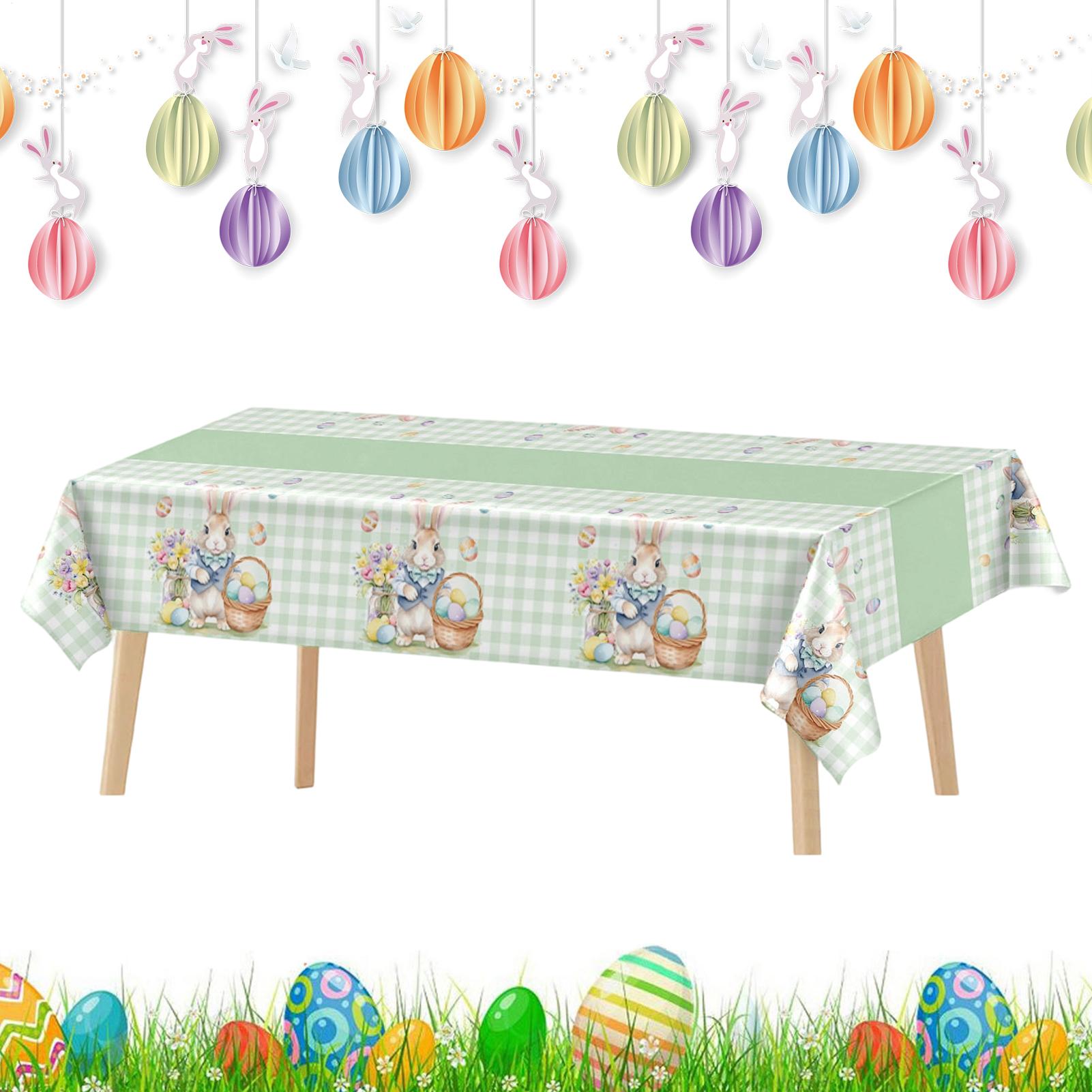 Easter Happy Rectangle Tablecloth Disposable Easter Egg Rabbit Easter Green Grid Tablecloth Decoration Waterproof Table Cover CN