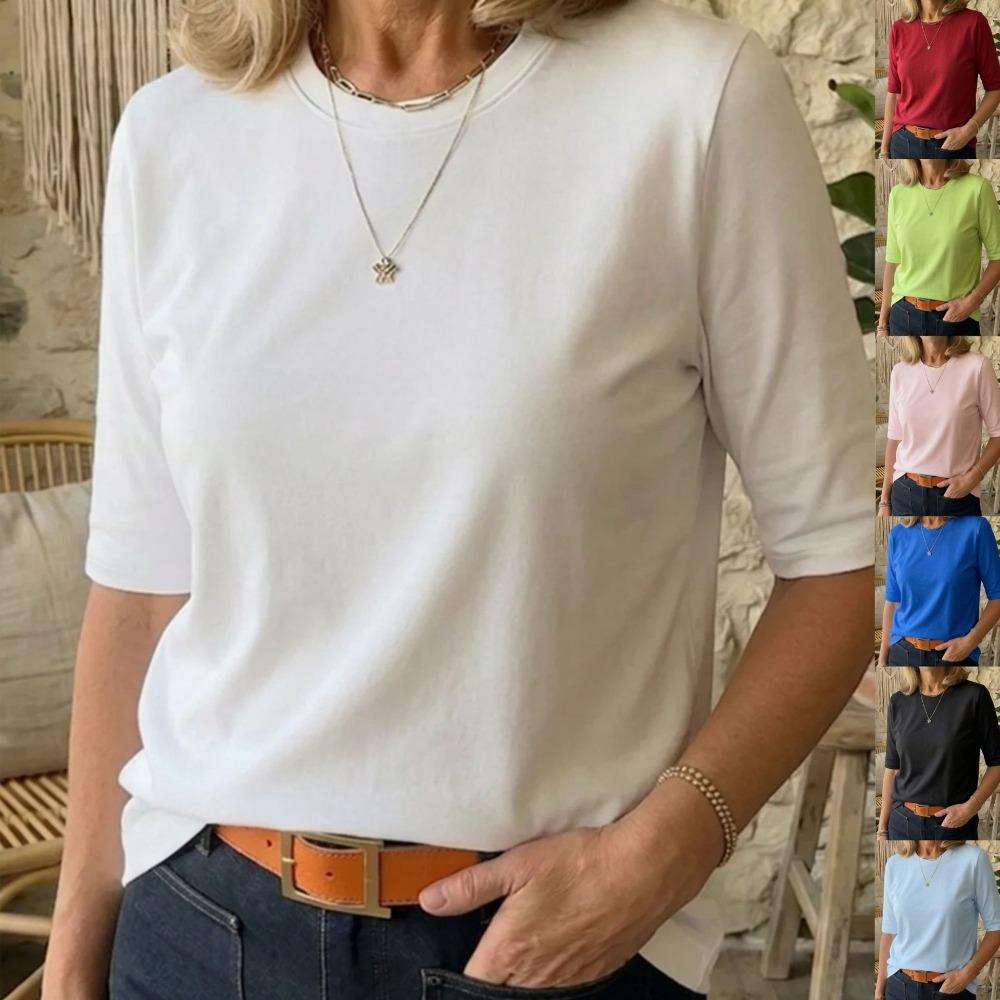 Women Comfort Versatile T-Shirt, Casual Round Neck Shoulder Short Sleeve Top for Inner & Outer Wear