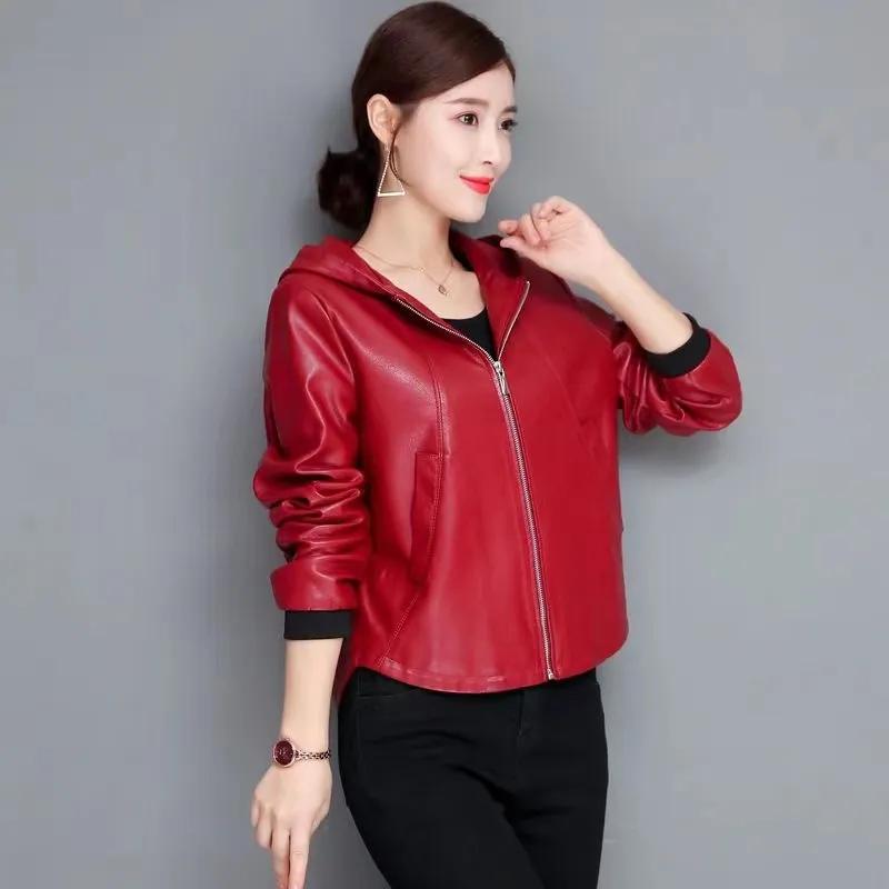 Women Spring Autumn Casual PU Leather Jacket Hooded Zipper Short Outerwear