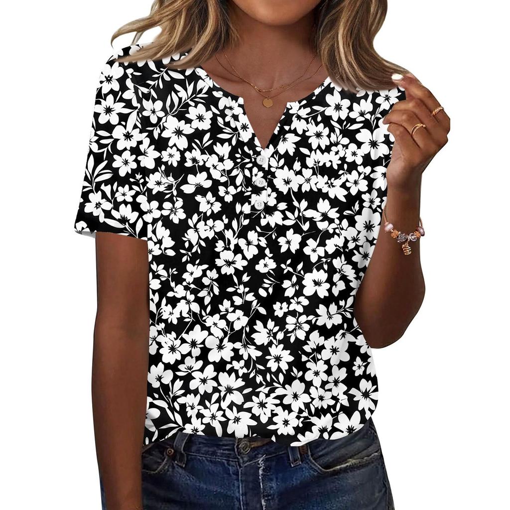 Women's T Shirt Print Button Short Sleeve Daily Weekend Fashion Basic V- Neck Regular Top