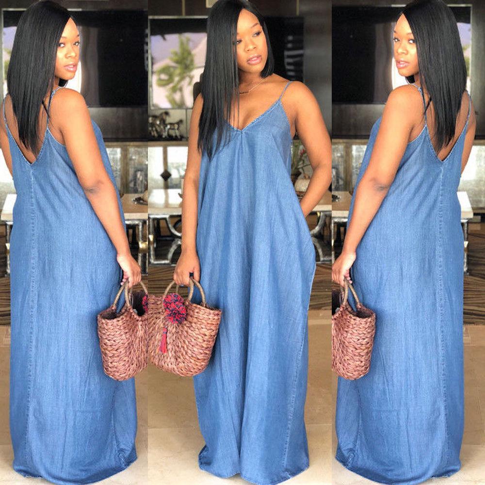 Fashion Women/'s Spring Denim Suspender Slim Fit Belt Backless Long Dress Summer