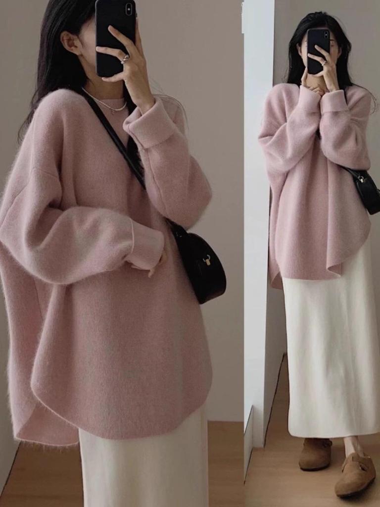 Women's 2025 Autumn/Winter Cozy Oversized Knit Sweater - Mid-Length Pullover