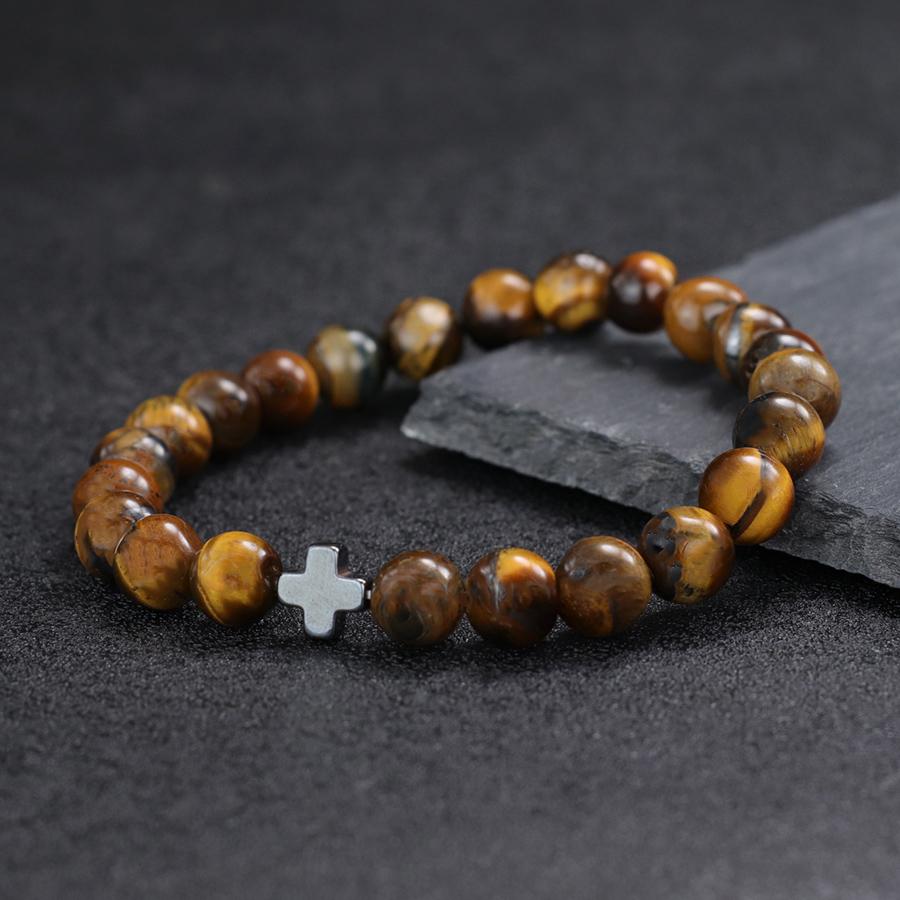 Minimalist Cross Bracelet Men 8mm Natural Tiger Eyes Lava Hematite Stone Healing Braslet Bangle Leisure Versatile Accessories