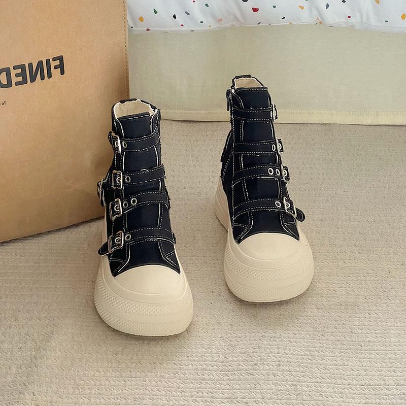 Fashion Women's High Top Canvas Sneakers Design Buckle Strap Zip Simplicity Female Shoes 2025 High Street Grace Waling Shoes