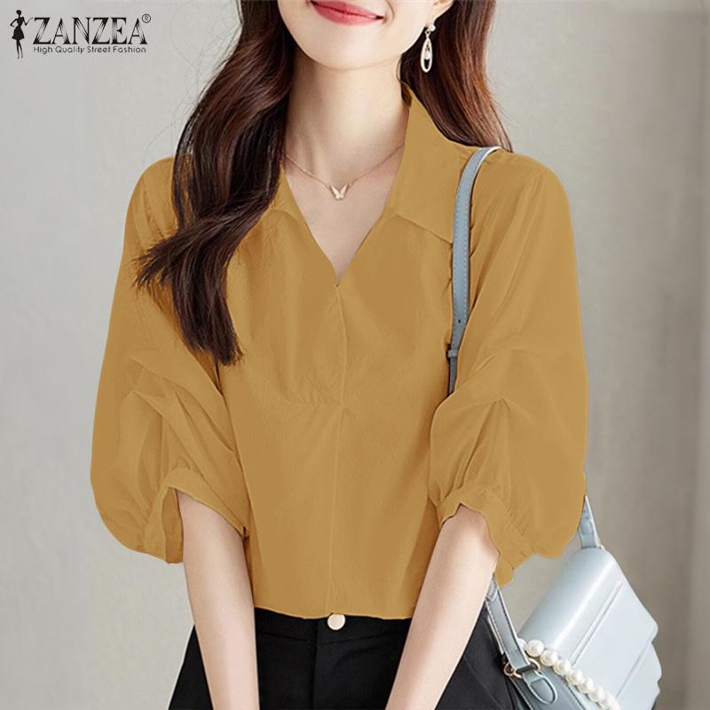 ZANZEA Women Turn Down Collar Loose Casual Half Sleeve Plain Blouse