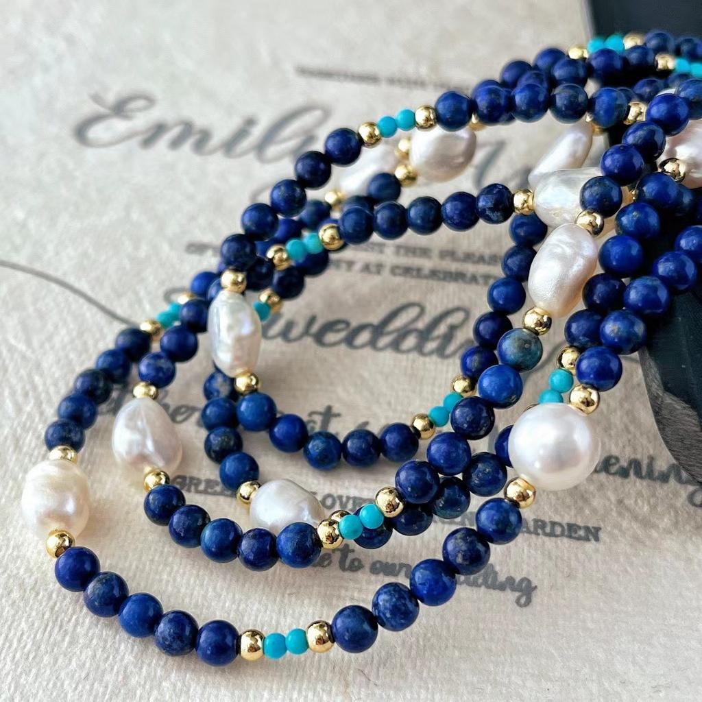Natural Lapis Lazuli Stone Baroque Freshwater Pearl Colored Collarbone Chain French Gypsy Necklace Women'S Retro Premium