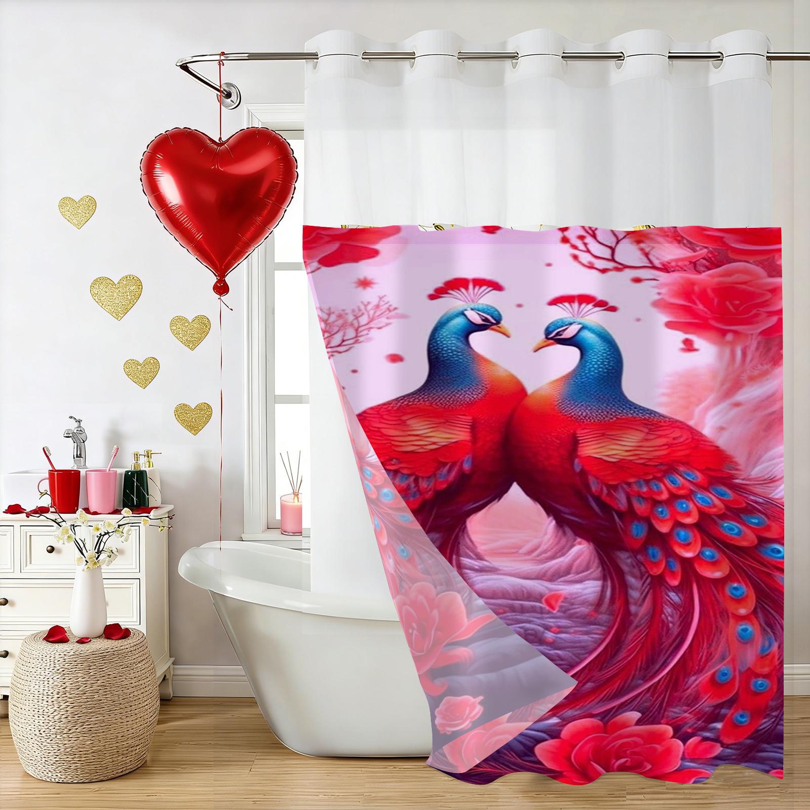 

No Hook Valentine s Day Red Love Heart Shower Curtain With Snap-in Fabric Liner Sheer Top Window, Double Layer Bathtub curtain 180X188cm красный