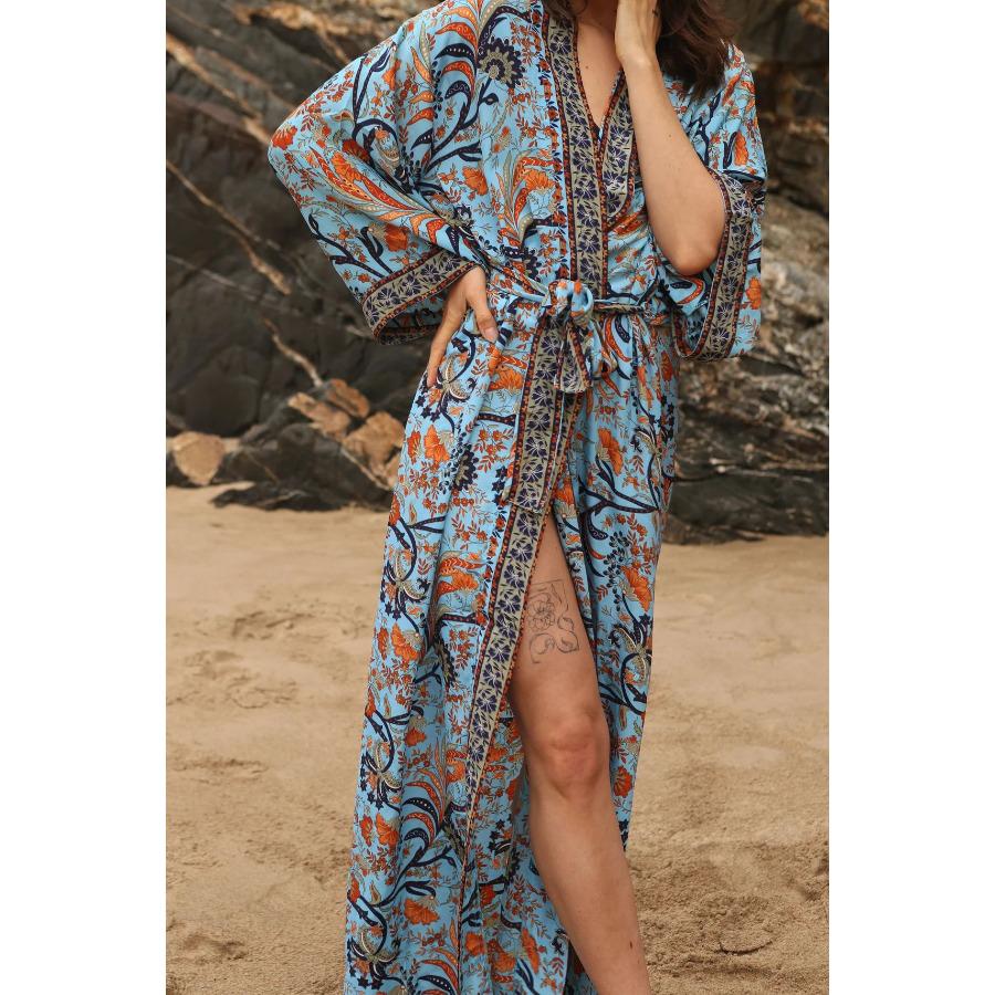 Women's Boho Print Beach Cover Up Loose Long Button Down Shirt, Open Front Swimwear Kaftan 1004