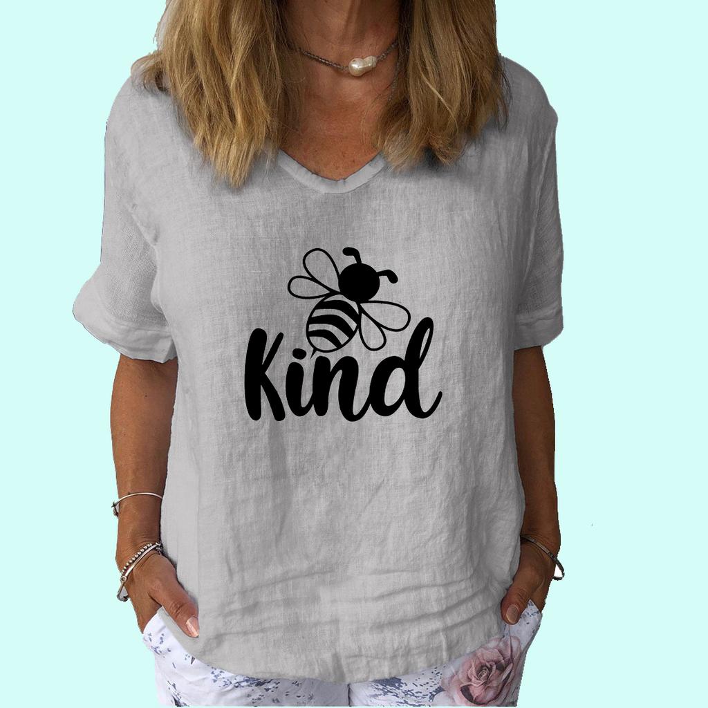 Women Fashion Short Sleeve Top Summer Casual V Collar Shirt Ladies Print Cotton Linen T-shirt