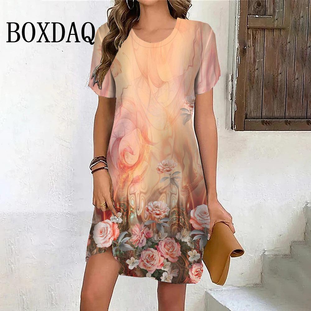 Rainbow Gradient Flower Dress Women's 3D Printing Short-sleeved Loose A-line Dress Summer Fashion Casual Sweet and Elegant Women's Dress