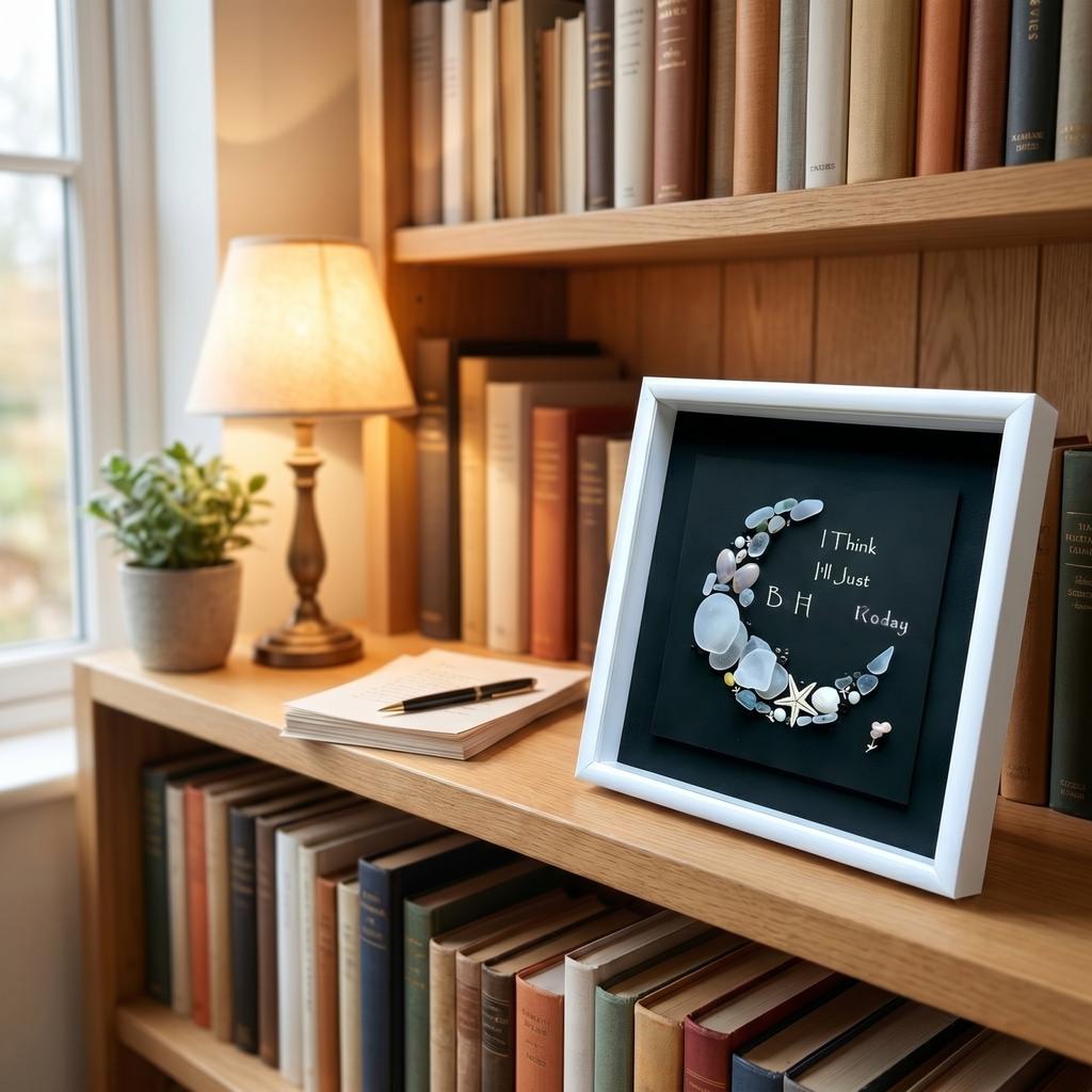 Sea Glass Moon Art Shadow Box Frame Wall Decor with Natural Sea Glass Pebbles and Starfish Elements Handmade Coastal Style Display