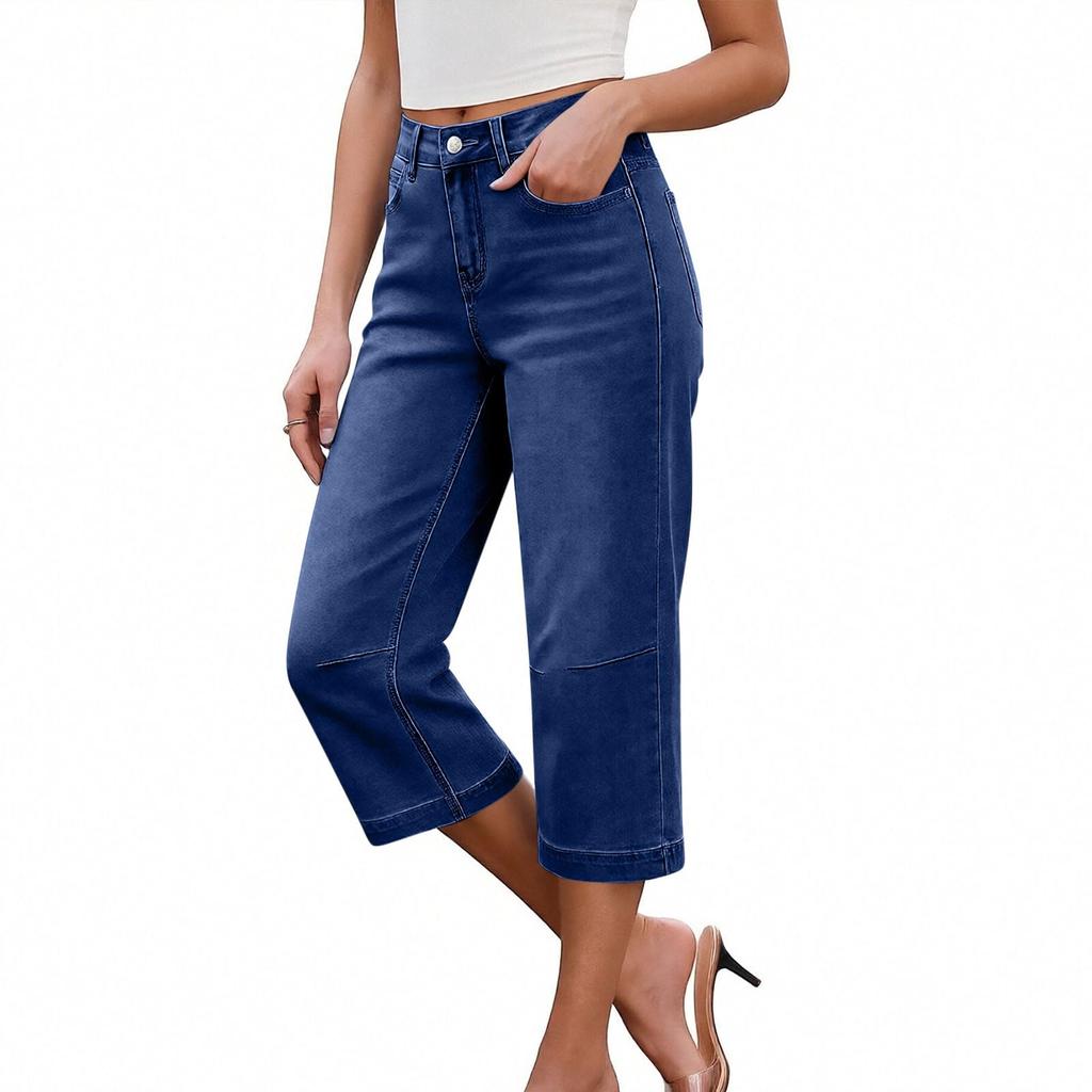 Damen High Waist Denim Capris Lässige Weite Beine Verkürzte Jeans Mit Taschen