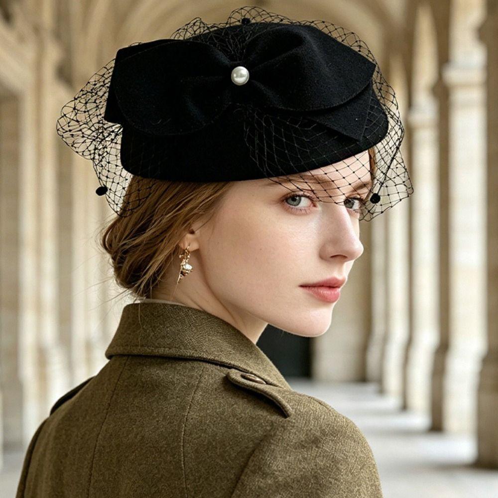 Elegant Bow Fedora Hat French Style Woolen Beret Airline Stewardess Caps Fashion Show