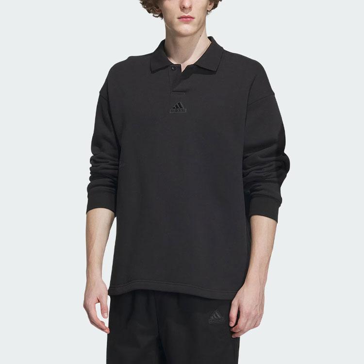 Adidas Heavy French Terry Polo Shirt Solid Logo Loose Long Sleeve Polo Unisex Polo Shirts Black IT3972