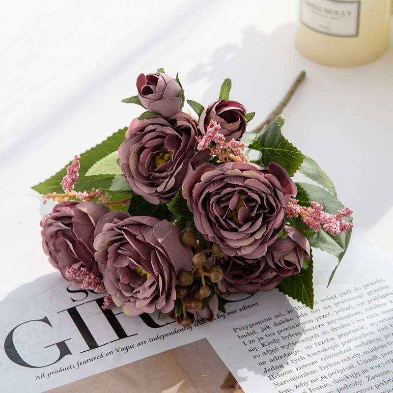 5-Petal Autumn-Colored Peony Artificial Flower Bride Bouquet Wedding Living Room Table Decoration For Vase Home Diy Fake Plants