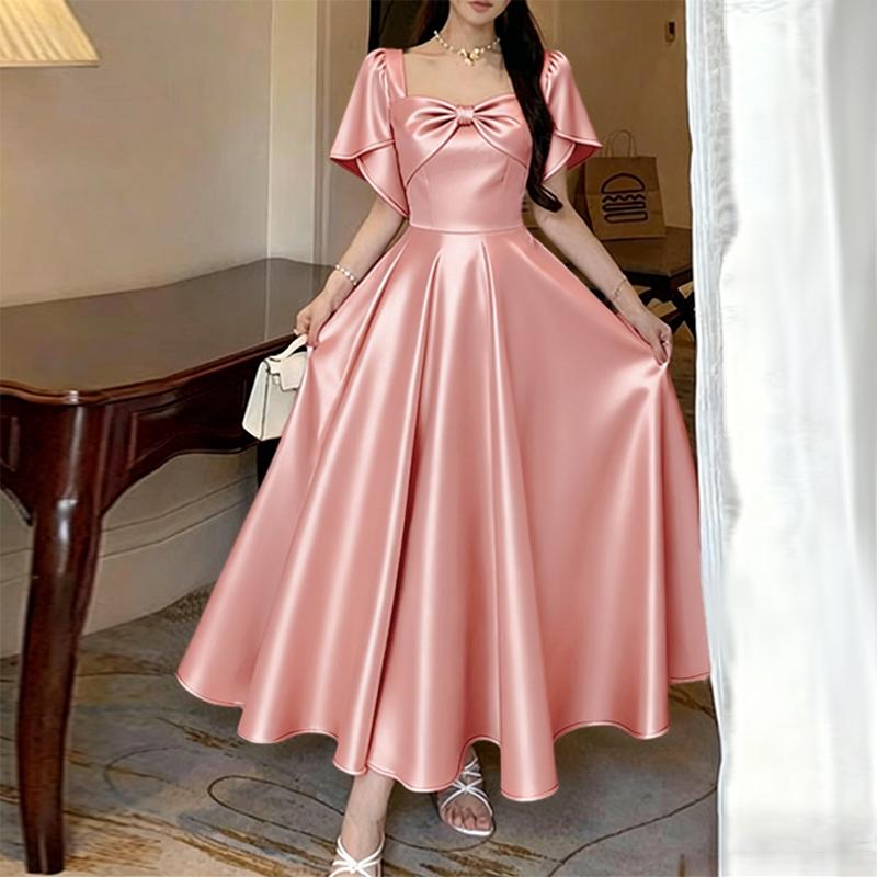 ZANZEA Damen Lässiges Quadratischer Kragen Elegantes Sommerkleid Kurzarm Satin M rosa