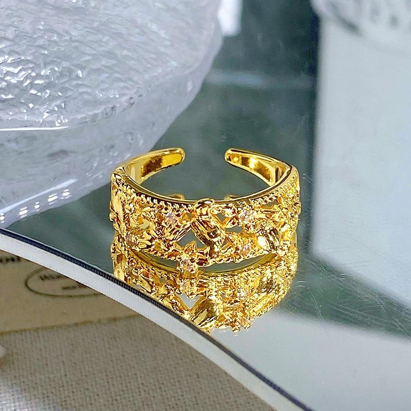Medieval Vintage Magpie Hollow Flower Brushed Opening Ring Wheat Ear High-End National Style Accessories Women