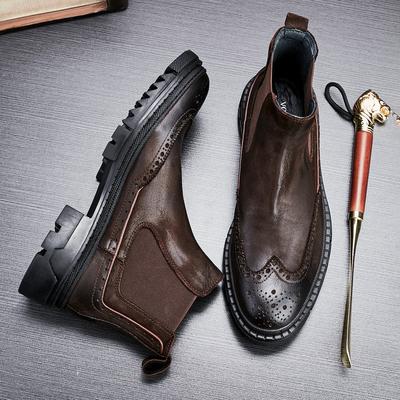 Chelsea Boots Leather Short Boots Martin Boots Brock Carved Fleece Leather Boots Thick Sole Heightening Retro Men'S Shoes Men'S Boots