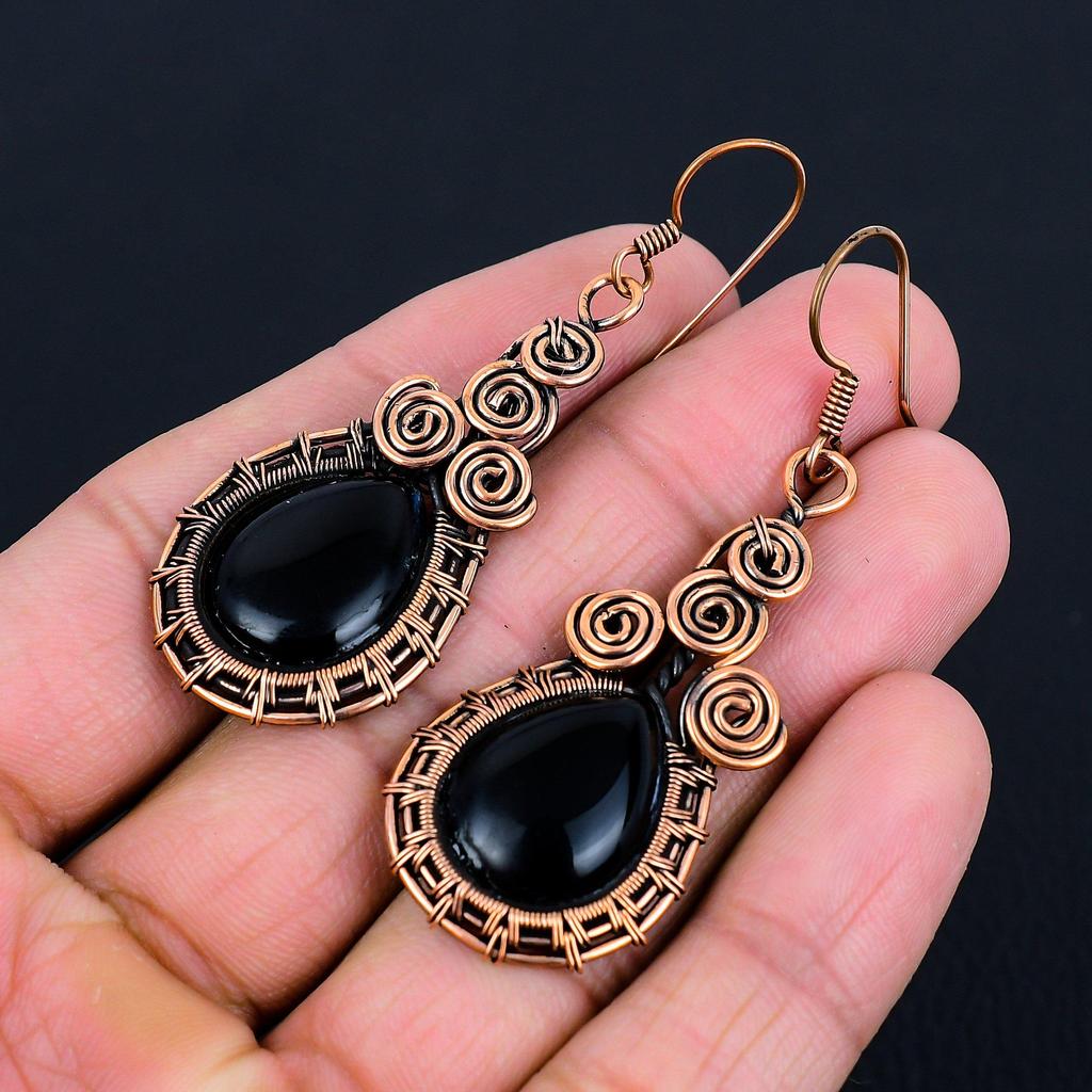 Black Onyx Gemstone Handmade Jewelry Pure Copper Wire Wrapped Earrings For Thanksgiving