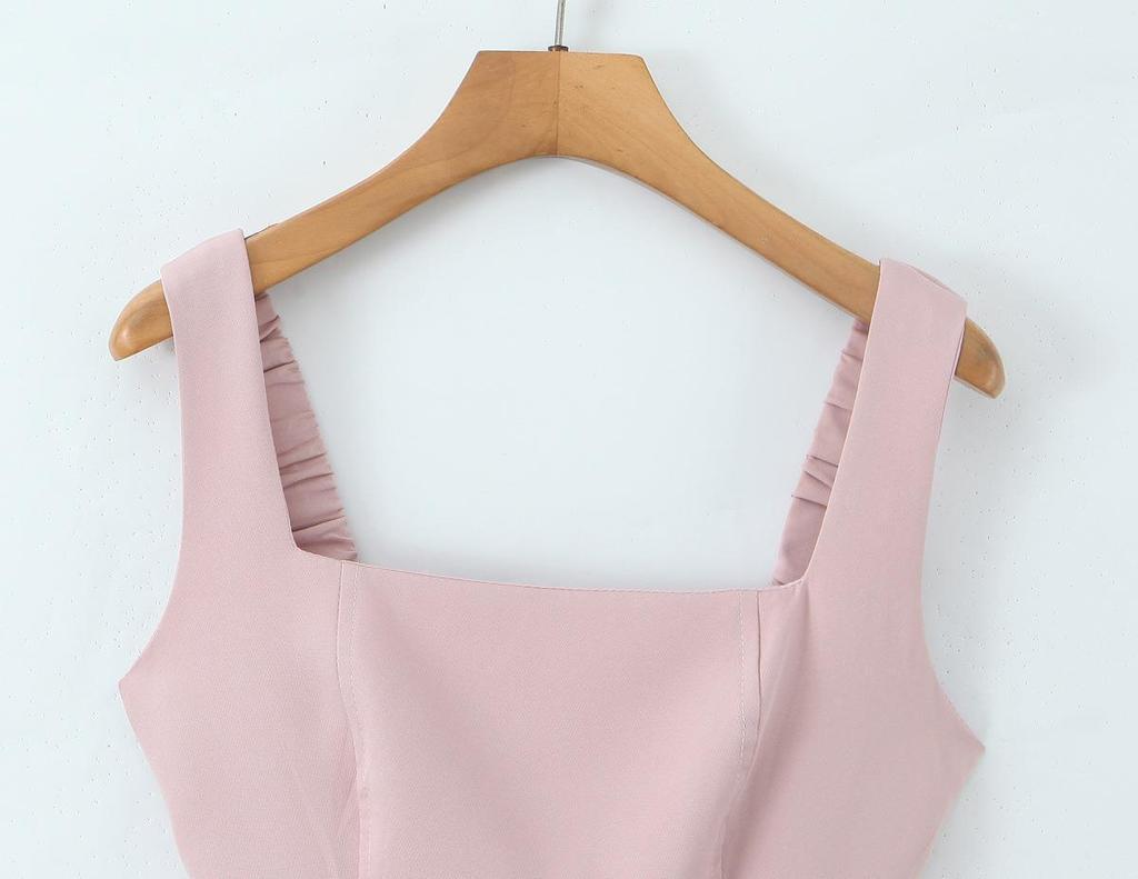 Damen Schnür-Schmal geschnittenes Knitter-Spaghetti-Trägerkleid - Frühling Europäischer/Amerikanischer Stil in Rosa und Cremeweiß.
