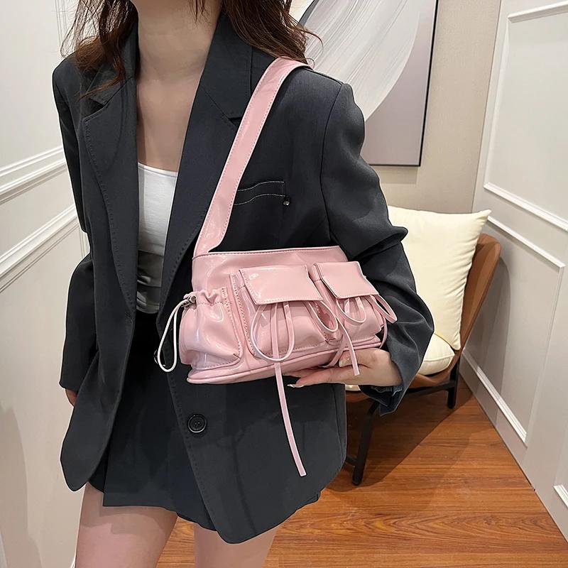 Fashion Underarm Shoulder Bag Red Silver Female Bag PU Leather Armpit Bag Chain Handbag Tote Clutch Bag High Capacity