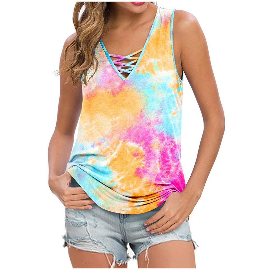 Modna damska koszulka z dekoltem w szpic i nadrukiem, luźna koszulka bez rękawów