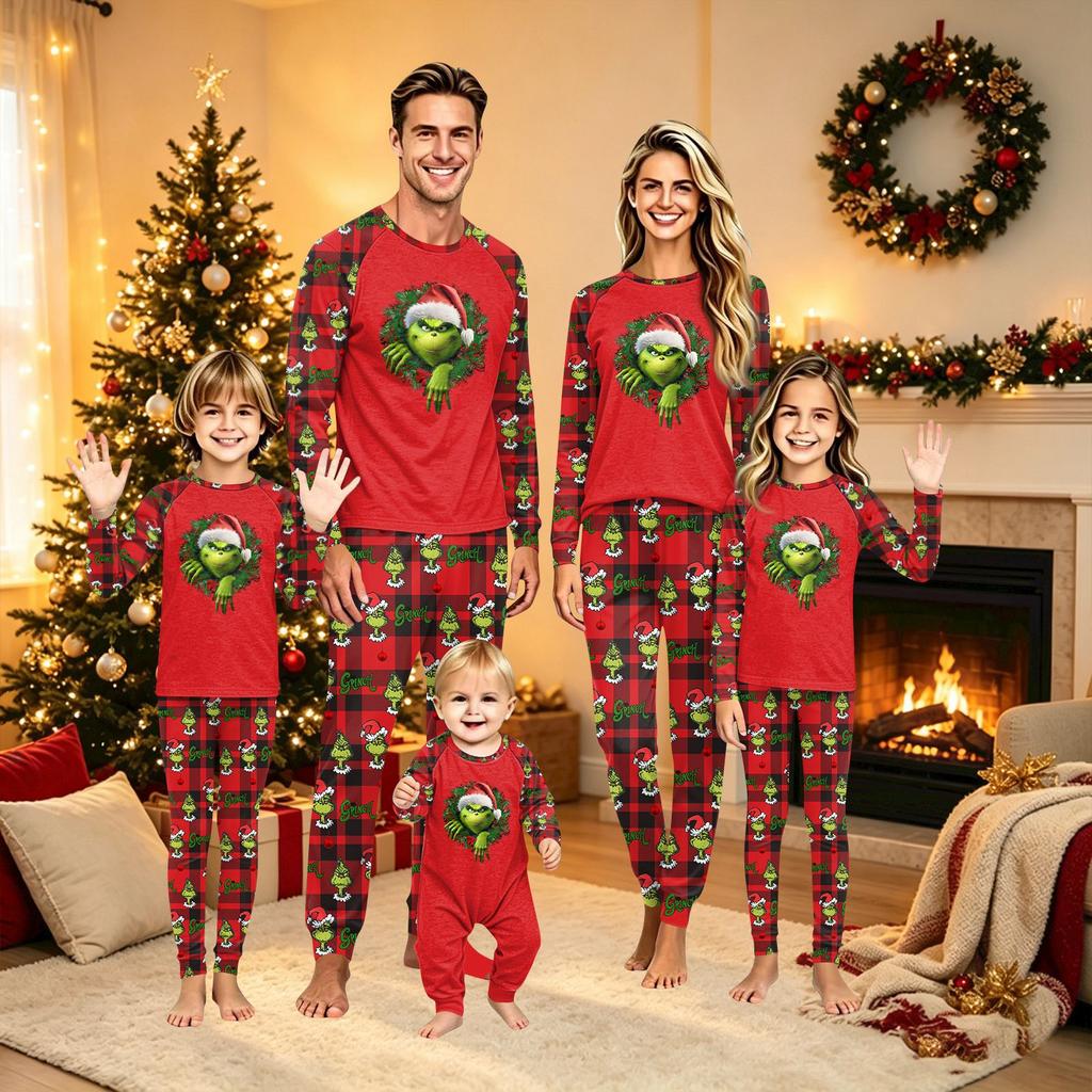 Family Matching Christmas Print Pajama Set, Long Sleeve Neck Top and Pants for Parents and Kids