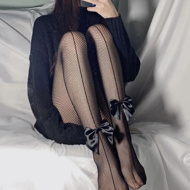 

Solid Color Big Bow Sexy Fishnet Lace Stockings Women s Slim Mesh Pantyhose Gothic Hollow Out Thin Sheer Tights JK Lolita Socks One Size