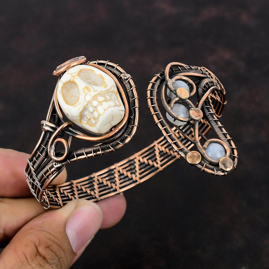 Howlite Bangle Copper Wire Wrapped Cuff Bracelet Handmade Adjustable Bangle Skull Bone Face Cuff Bracelet Rainbow Moonstone Gemstone Jewelry