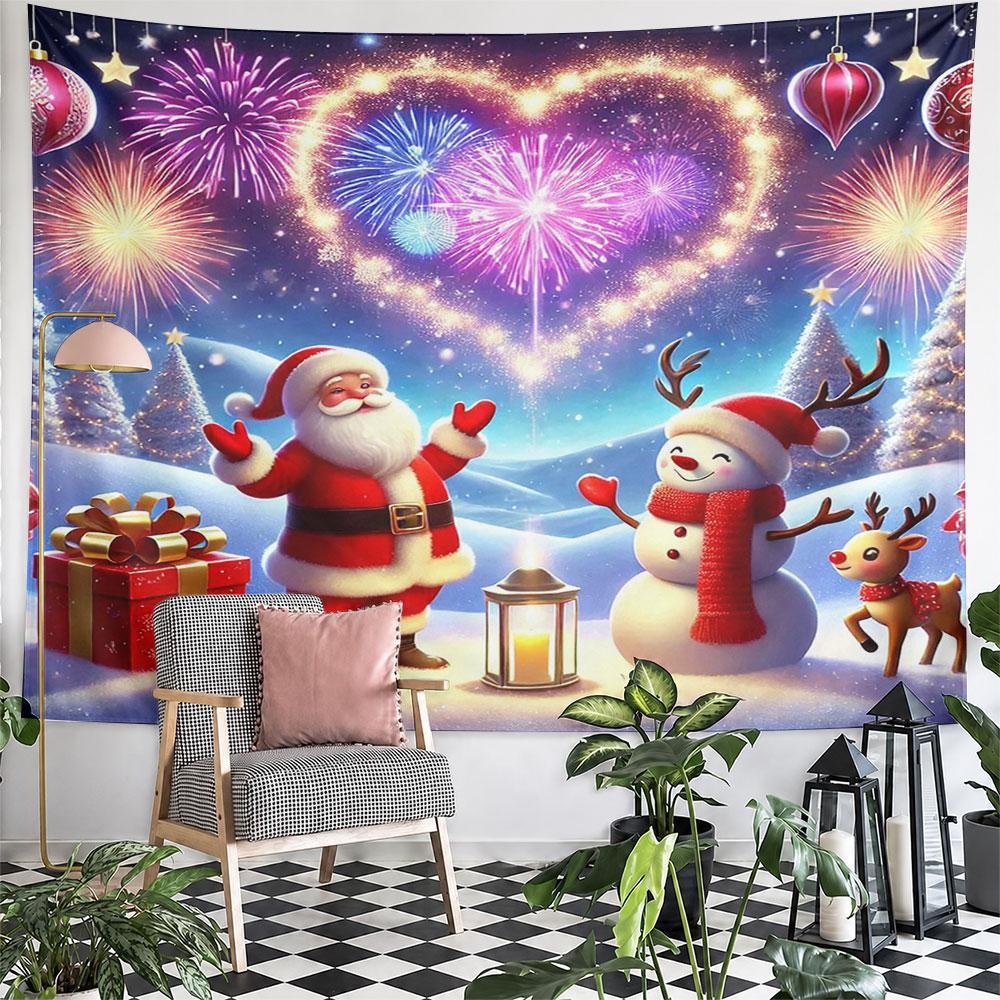 Santa, Snowman, and Fireworks Celebration Pattern Wall Hanging Tapestry Decorative Tapestry Home Decor for Bedroom and Living Room