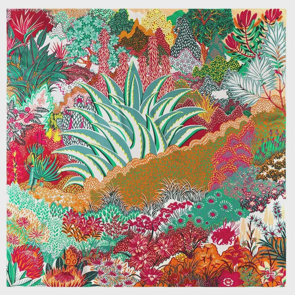 "New European and American Jungle Floral Bird Print 130cm Silk Twill Satin Square Scarf Shawl"