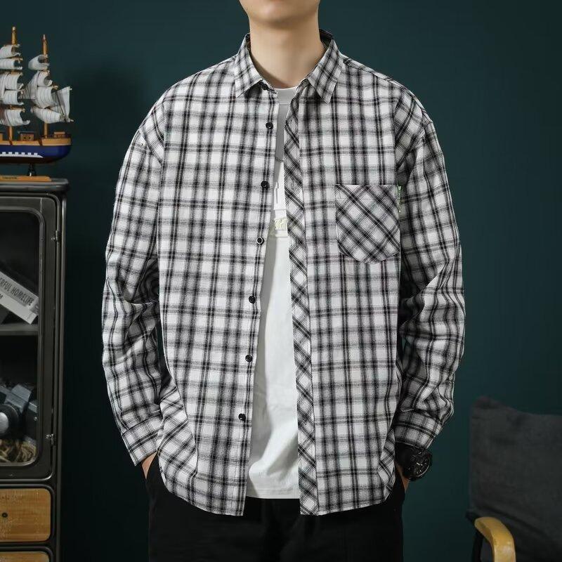 New Men's Long-sleeved Shirt Men's Gangster Handsome Senior Sense of Shirt Plaid Shirt Fashion Versatile Tops