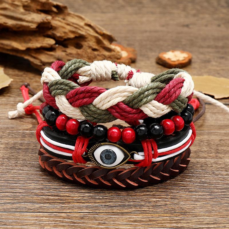 Bohemia Indian Style Charm Bracelet Handmade Woven Multilayer Leather Bracelet Evil Eye Bracelet for Men and Women