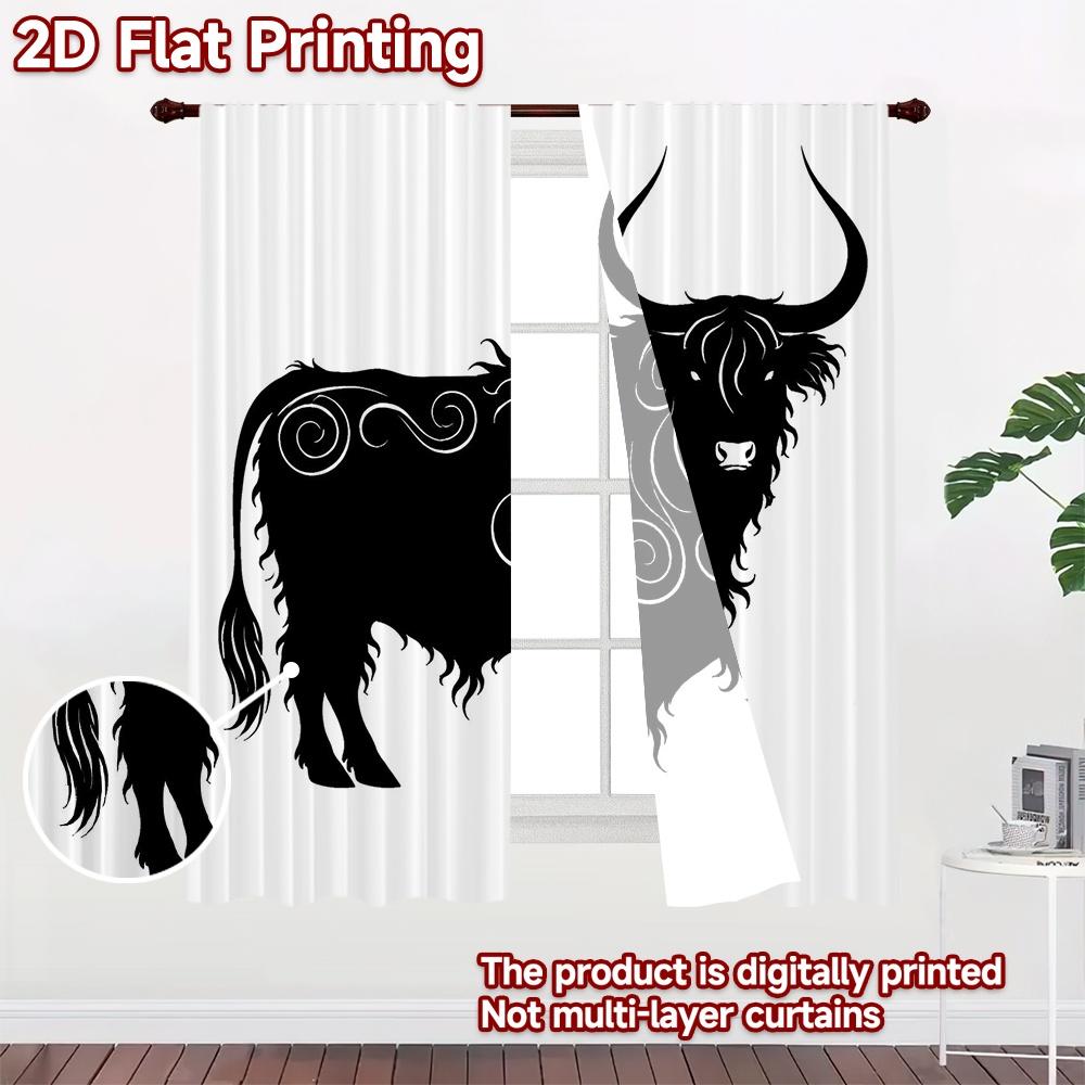 2D FLAT PRINTING 2pcs Curtains (Without Rod) Swirling Bull Silhouette Modern Curtain Modern Machine Washable Fabric Curtains