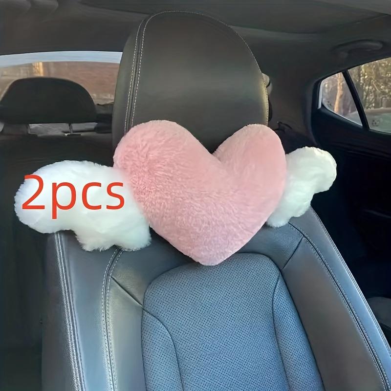 2pcs Plush Heart Car Pillow with Angel Wings - Neck Support for Seat - Fashionable Fabric Interior Accessories for Women's Car