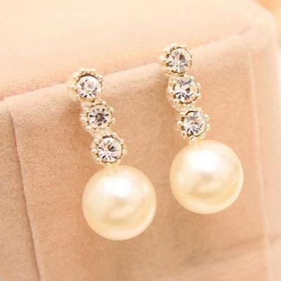 Women's White Faux Pearl Earrings Rhinestone Eardrop Ear Studs Bride Jewelry