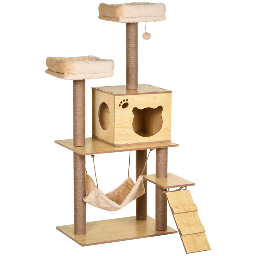 Cat Scratching Post with House, 2 Beds, Hammock and Ball, Made of Wood, Polyester and Sisal, 60x40x130 cm