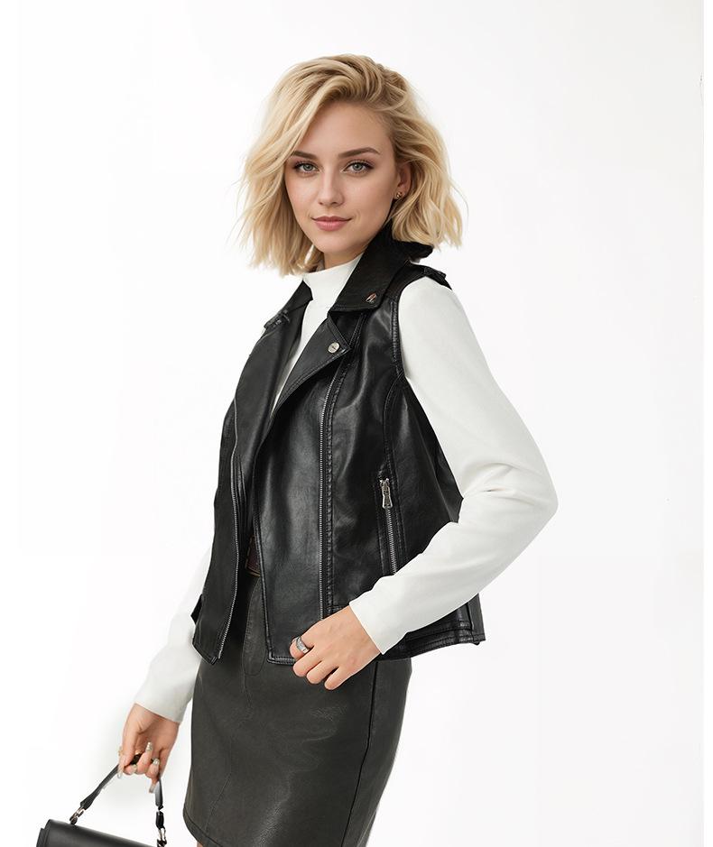 

European & American Women s Short Leather Lapel Jacket: Autumn Fashion Vest Coat with Custom Patterns L (suitable for 120-135 jin)