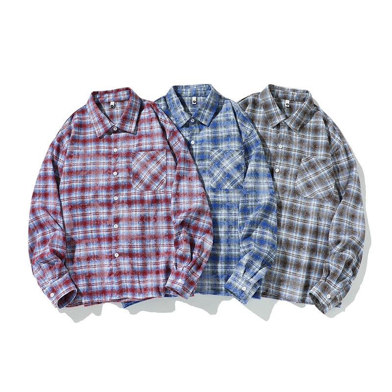 Casual Sports Men's Shirt New Plaid Fashion Long-sleeved American Retro Top