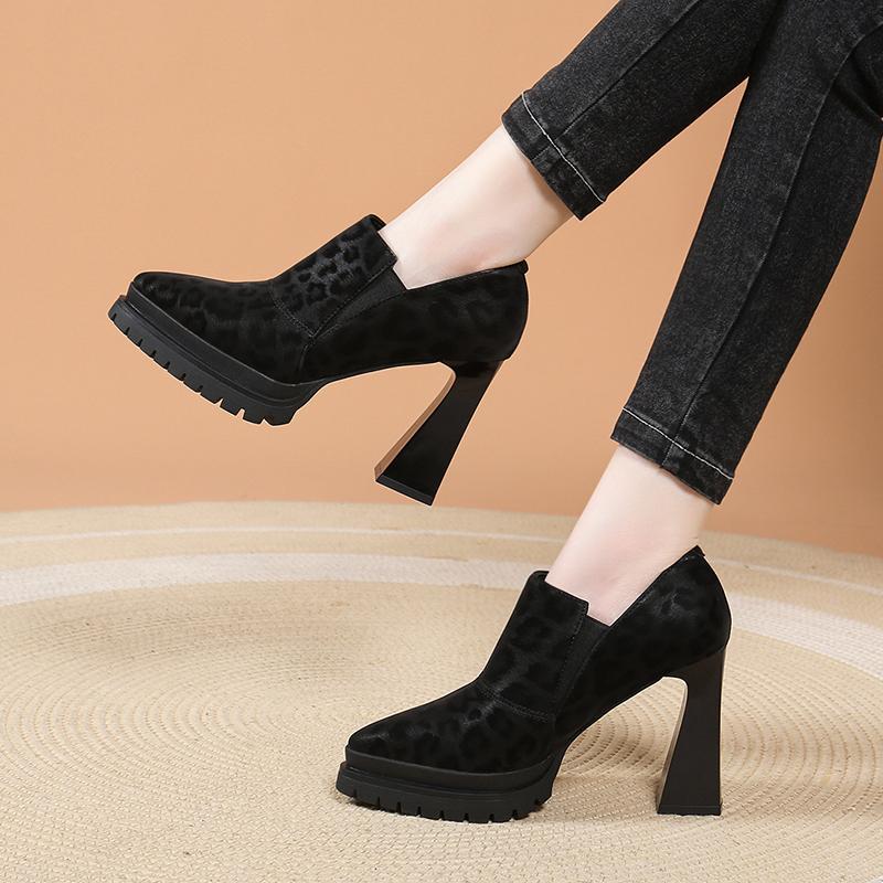 Leopard Print High Heels Spring and Autumn New Pointed Toe Deep Mouth Platform Sole Non-slip Wear-resistant Low-top Single Shoes