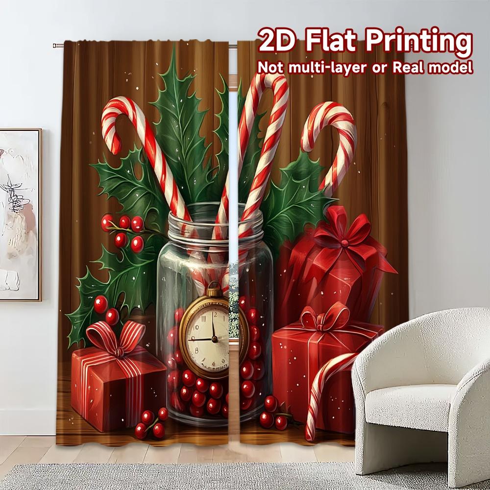 Set Of 2 Curtains Christmas Candy Canes Holly Gift Popular Semi Holiday Living Room Minimalist Light Filtering Made Polyester Sitting Window Treatment